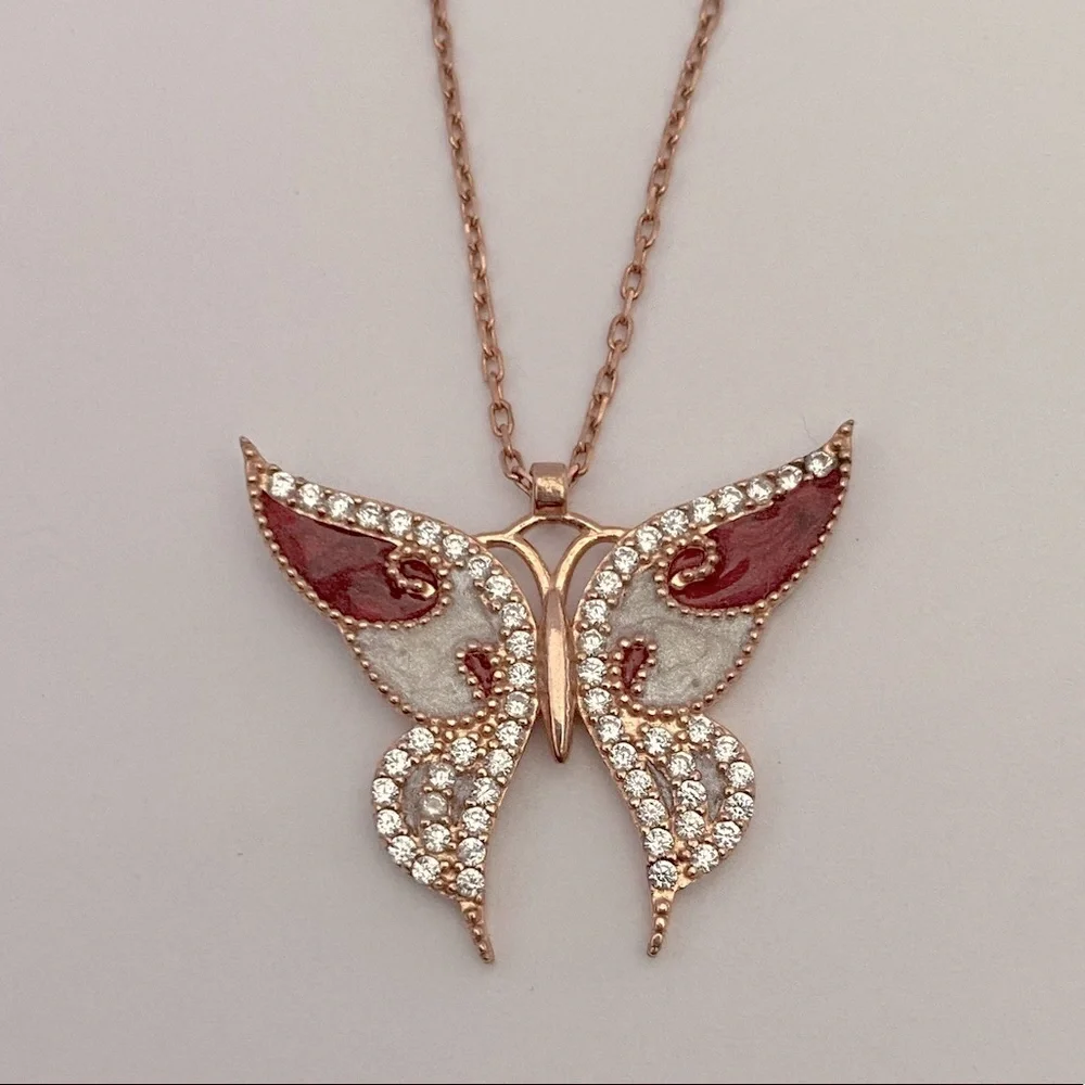 Red butterfly 925 silver 14k rose gold plated cz handmade enamel necklace